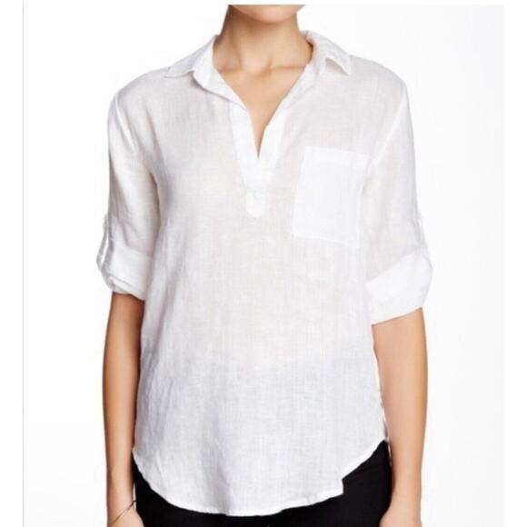 Side Stitch Los Angeles White linen popover blouse pocket Roll Tab Sleeves Sz M - Picture 1 of 12